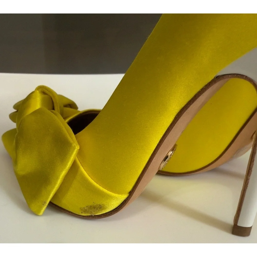 Tory‎ Burch Yellow Satin Bow Pointed Toe Pumps White Stiletto Heels Womens 5.5
